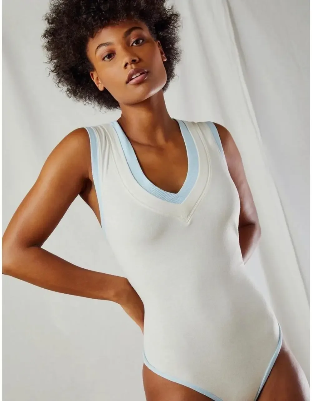 NWT Intimately Free People Cozy Cool Girl Tank Bodysuit Ivory Blue Size XL